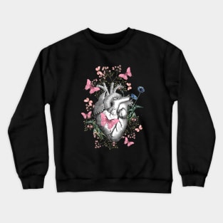 Floral and pink butterflies with Human Heart in love, vintage effect watercolor pink  flowers, Heart, anatomical Human heart Crewneck Sweatshirt